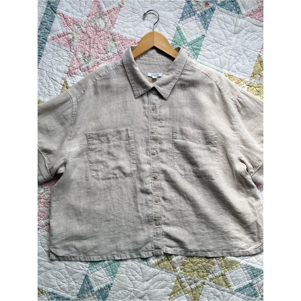 Chicos Beige 100% Linen Button-Down Top Blouse 3.5 18 XL Baggy Boxy Short-Sleeve